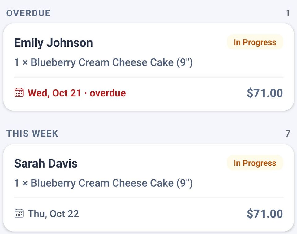 Orders list: one overdue cake order and this week's orders with status and price