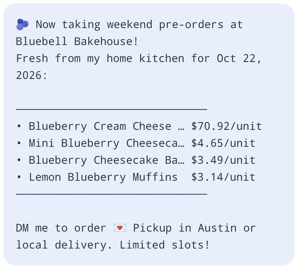 Pre-order post: now taking weekend pre-orders at Bluebell Bakehouse, listing four products with prices