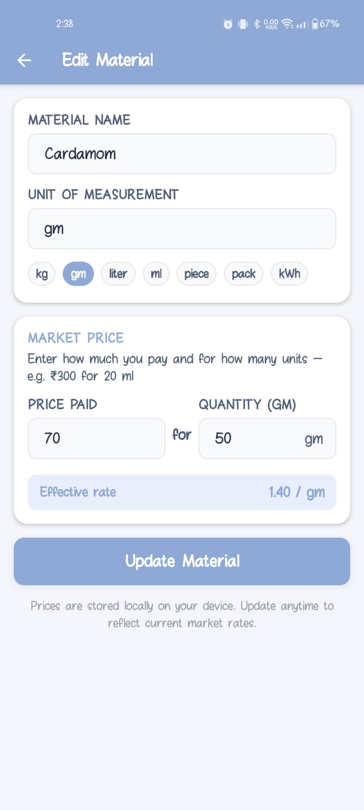 Edit material screen for tracking ingredient prices in bakery app