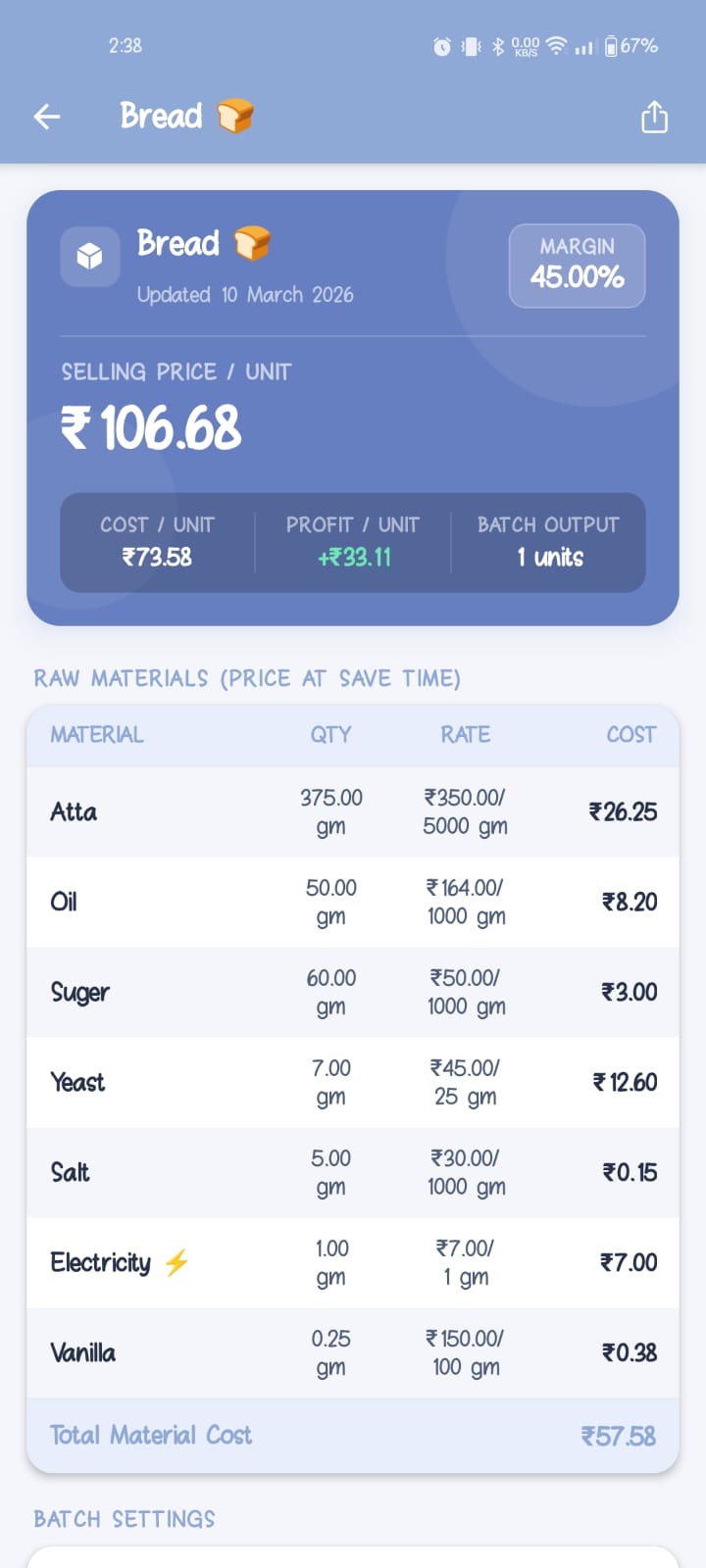 Product detail screen showing bread pricing with raw material cost breakdown table