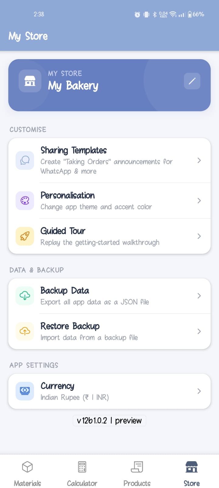 My Store settings screen showing bakery name, backup and personalisation options