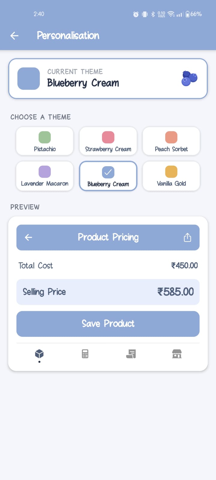 App theme personalisation screen showing 6 color themes for bakery app