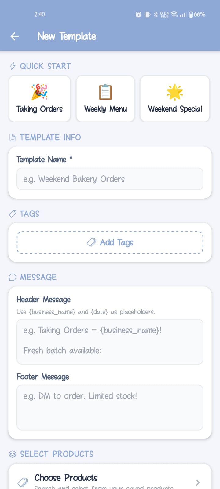 WhatsApp order announcement template message preview in bakery app