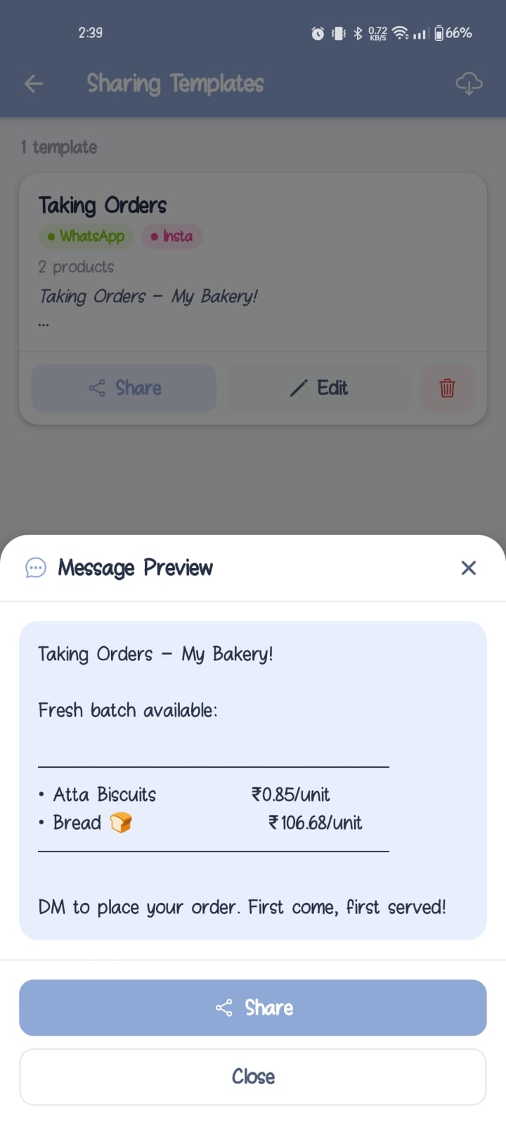 Edit order template screen with header message, tags, and product selection