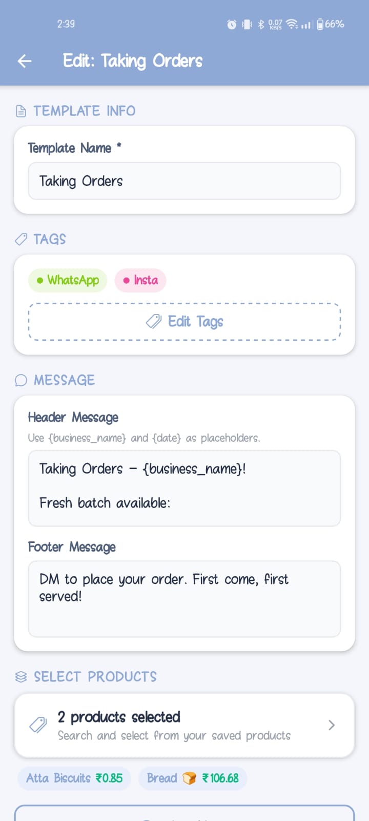 Sharing Templates screen showing WhatsApp and Instagram order announcement templates