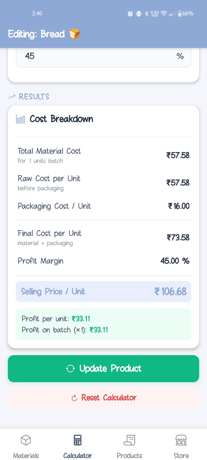 Product Price Planner cost breakdown calculator screen showing selling price, cost per unit and profit